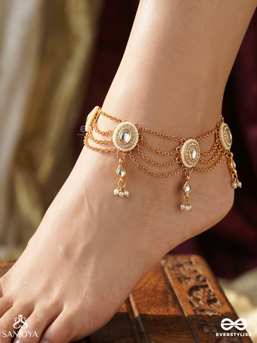 Zaibrang – Adorned Splendour – Layered Pajeb (Anklet) Set Of 2 With Pearl Drapes, Kundan Motifs And Dangling Charms