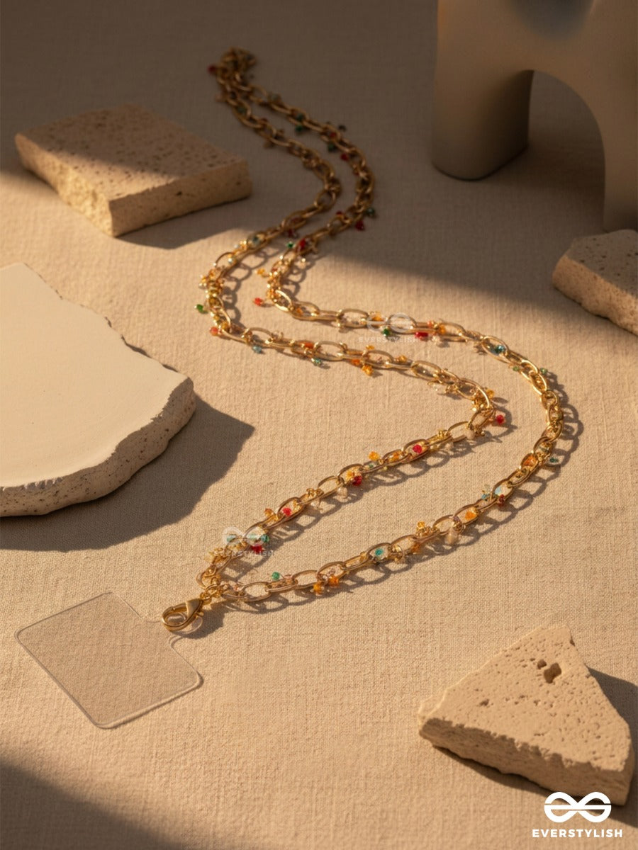 Sprinkle Line – Gold-Tone Phone Sling With Colourful Bead Drops
