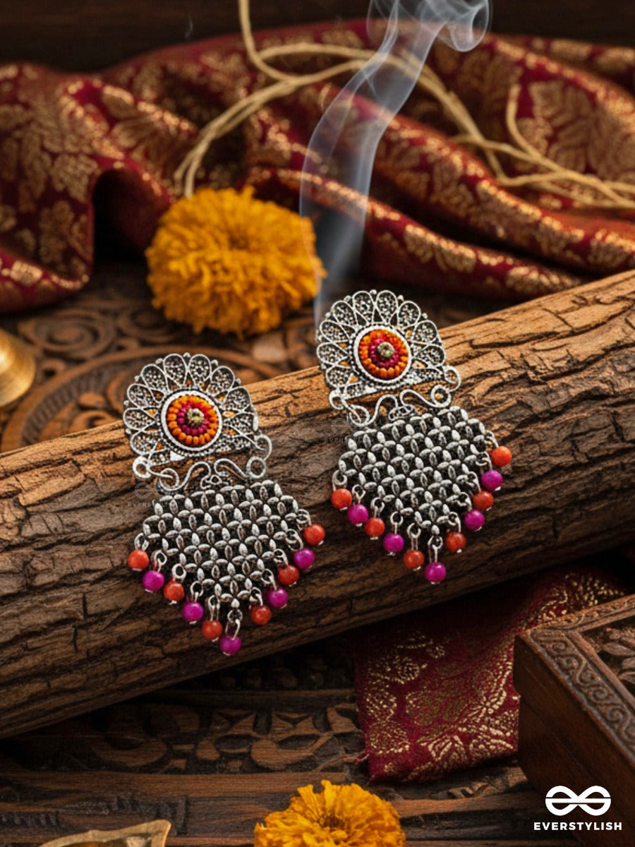 The Criss-Cross Embroidered Sun (Pink) - Embroidered Oxidised Earrings