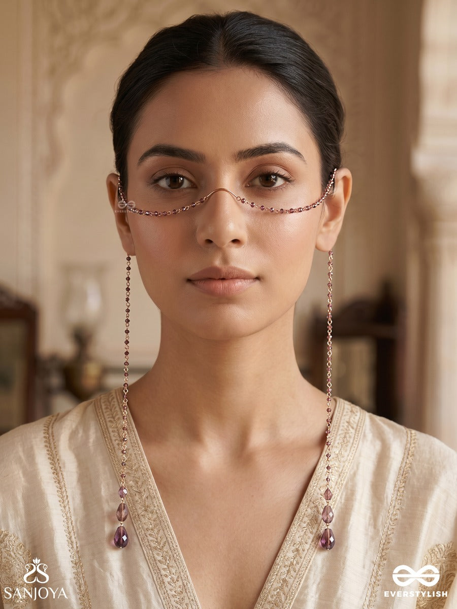 Jamunrekha – Plum Trace – Elegant Face Let With Slender Gold-Tone Chains, Deep Plum Teardrop Side Motifs And Delicate Bead Accents