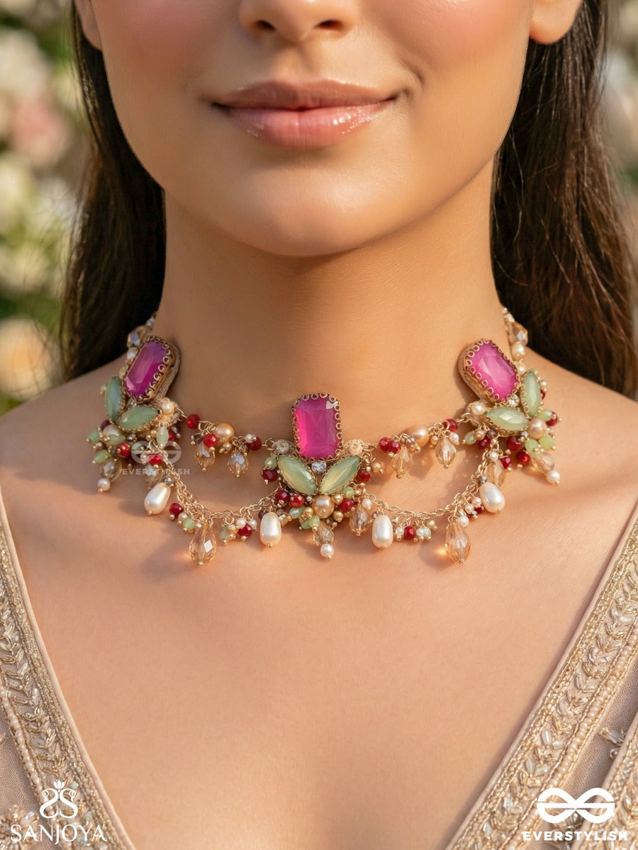 Asita - The Regal Orchid - Stones, Beads And Pearls Hand Embroidered Neckpiece