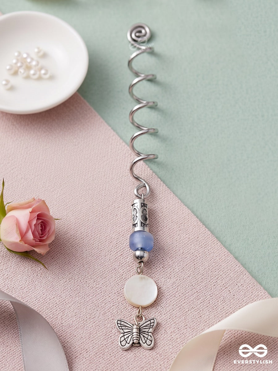 Bluebell Wing – Silver Spiral Braidlet With Blue Beads And Butterfly Charm