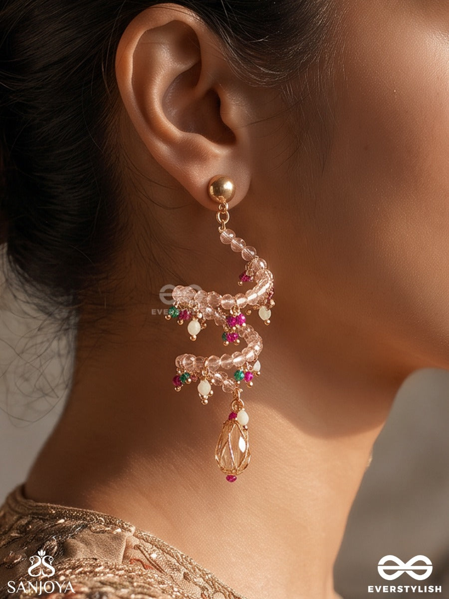 Kshanika – Moment Of Beauty – Sculptural Earrings With Spiral Pearl Strands, Magenta Crystal Clusters And Faceted Teardrop Pendants
