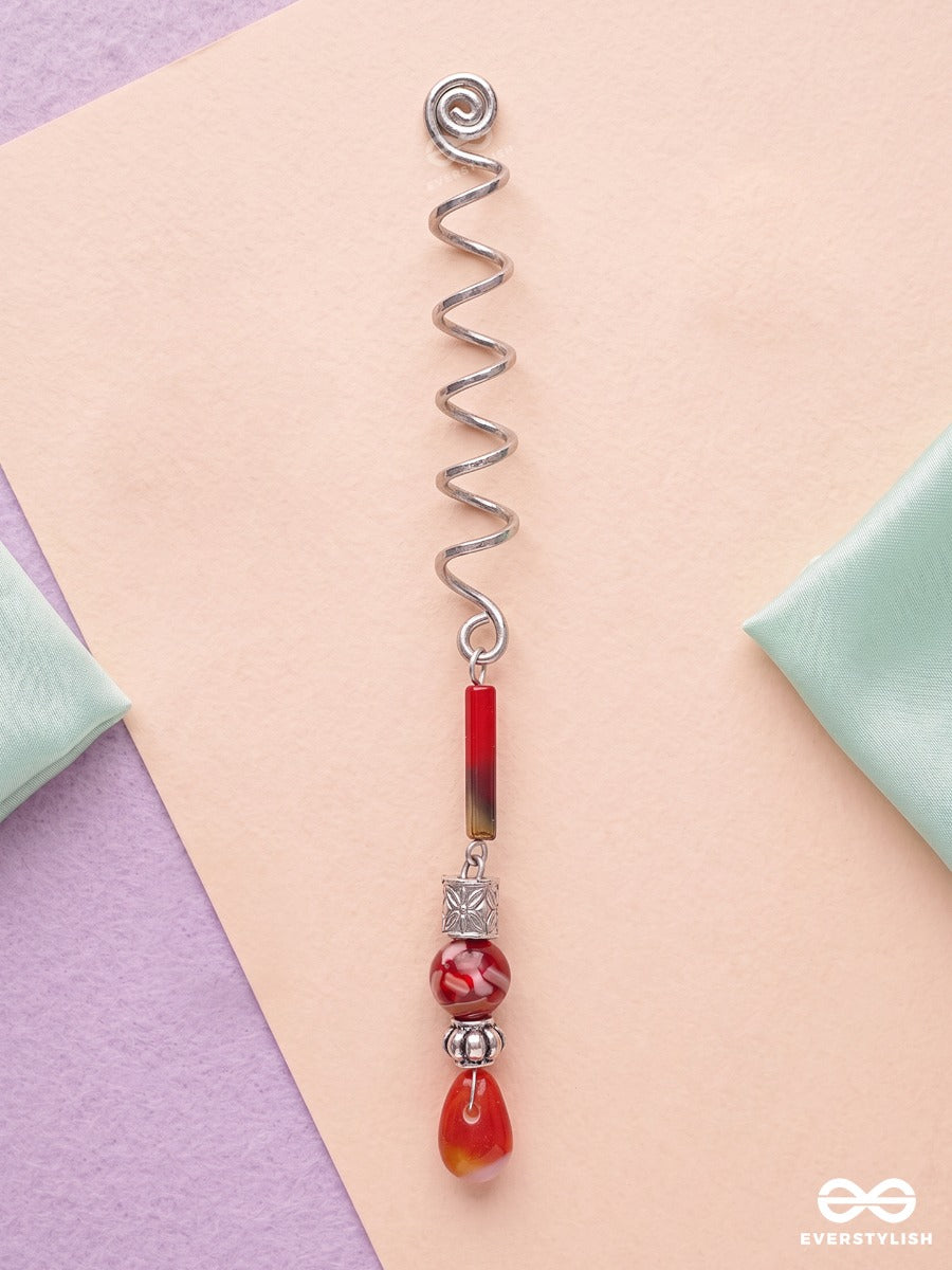 Cherry Dew – Silver Spiral Braidlet With Red Beads And Teardrop Charm