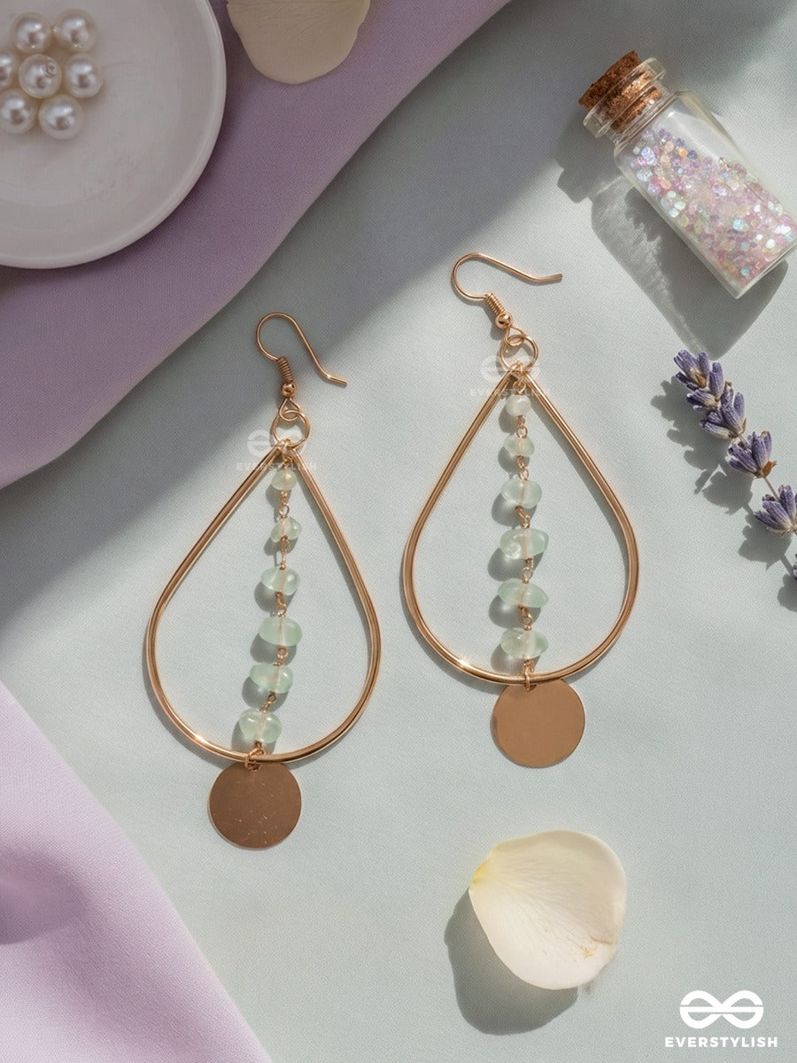 Ocean Medallion – Gold Teardrop Earrings With Sea Glass Beads And Aqua Crystals