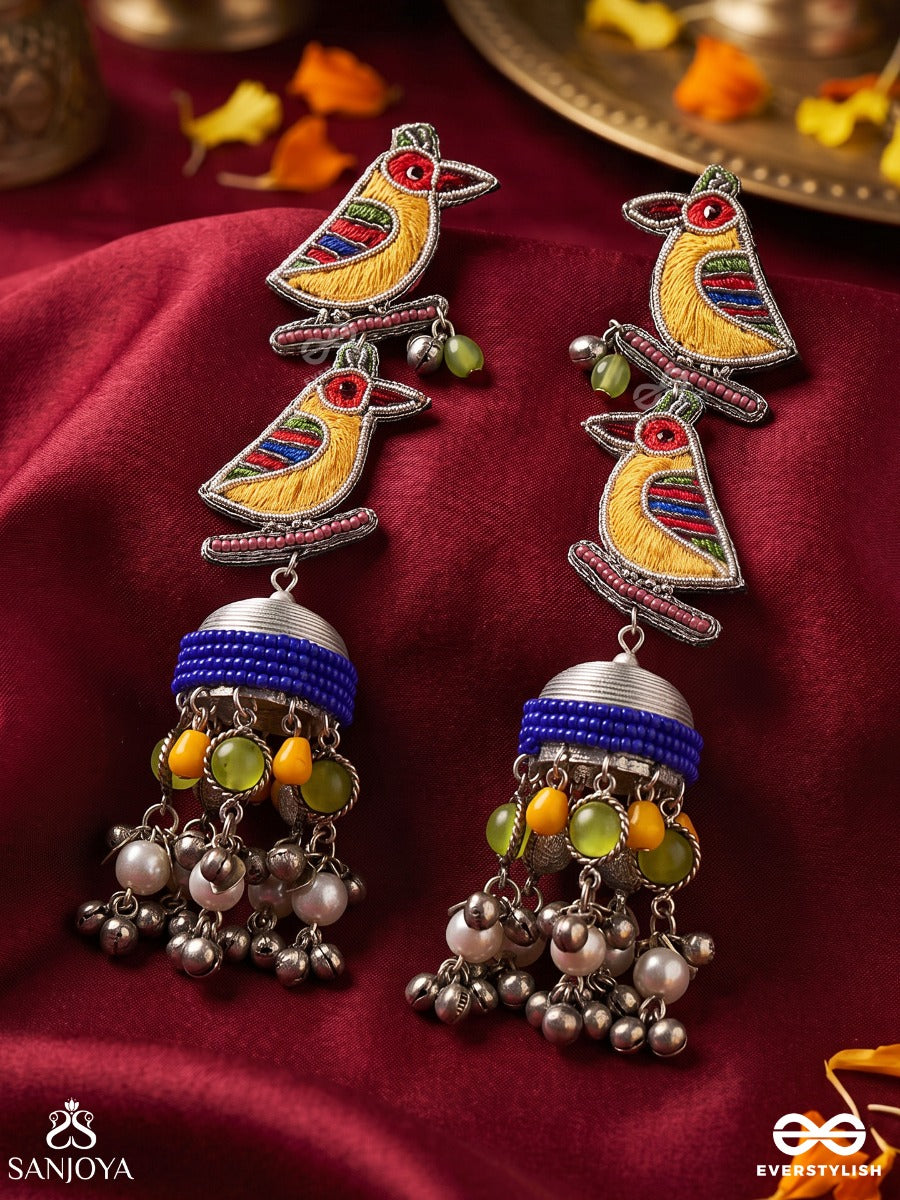 Chakli – Little Sparrow – Navratri Inspired Earrings With Colourful Bird Motifs, Thread-Wrapped Jhumkas, Vibrant Beads And Oxidised Ghungroos