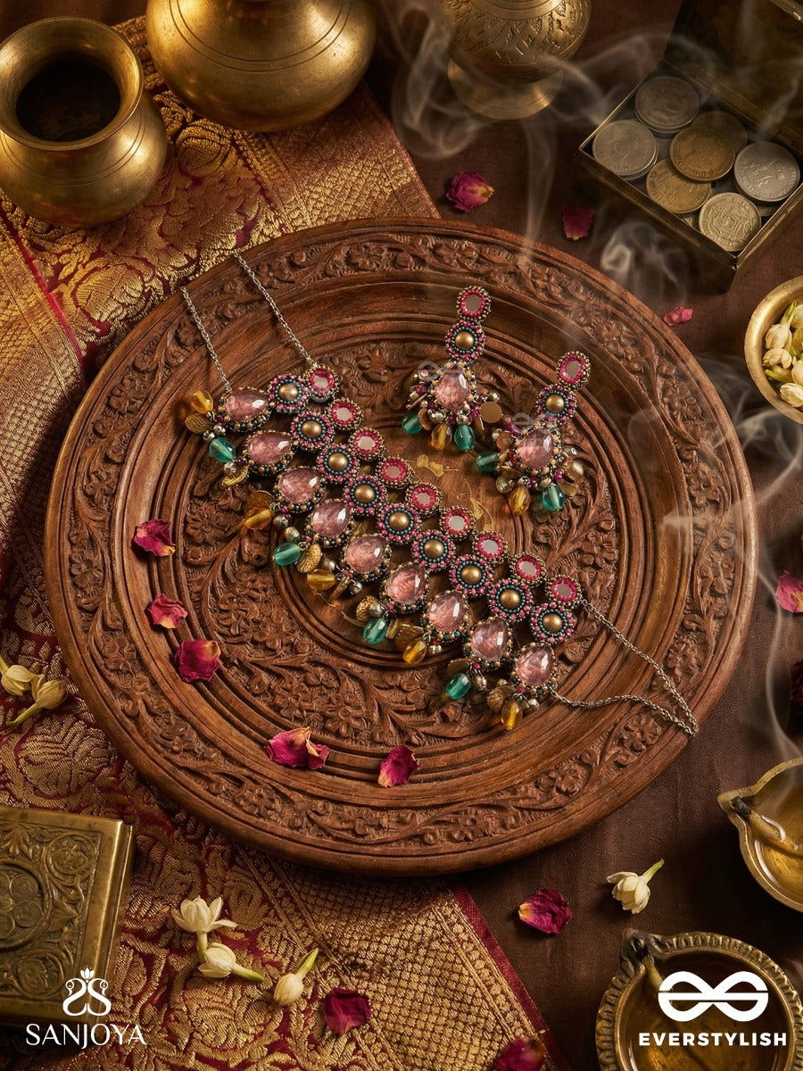 Vashikrit - The Hypnotic Tiers - Mirror, Stones, Coins And Glass Drops Hand Embroidered Set With Oxidised Choker Neckpiece & Earrings