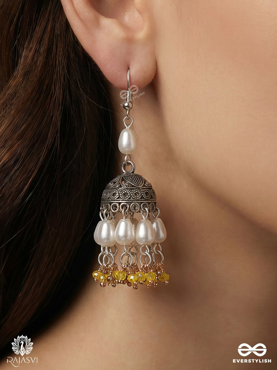 Chandramukhi – Oxidised Dome Jhumka Earrings With Layered Pearl Clusters And Golden Bead Fringe