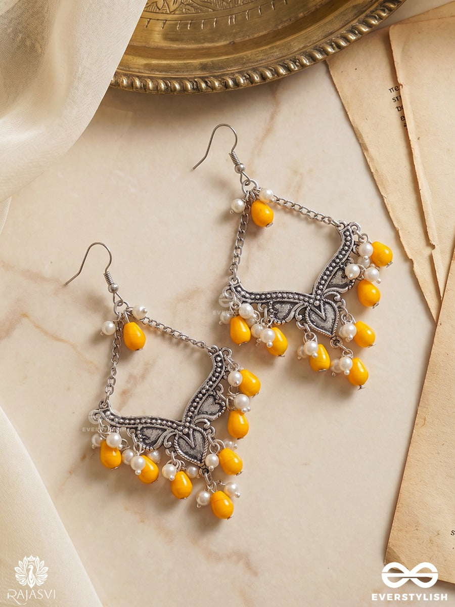 Sonaparni – Oxidised Chandelier Earrings With Mustard Bead Drops And Pearl Accents
