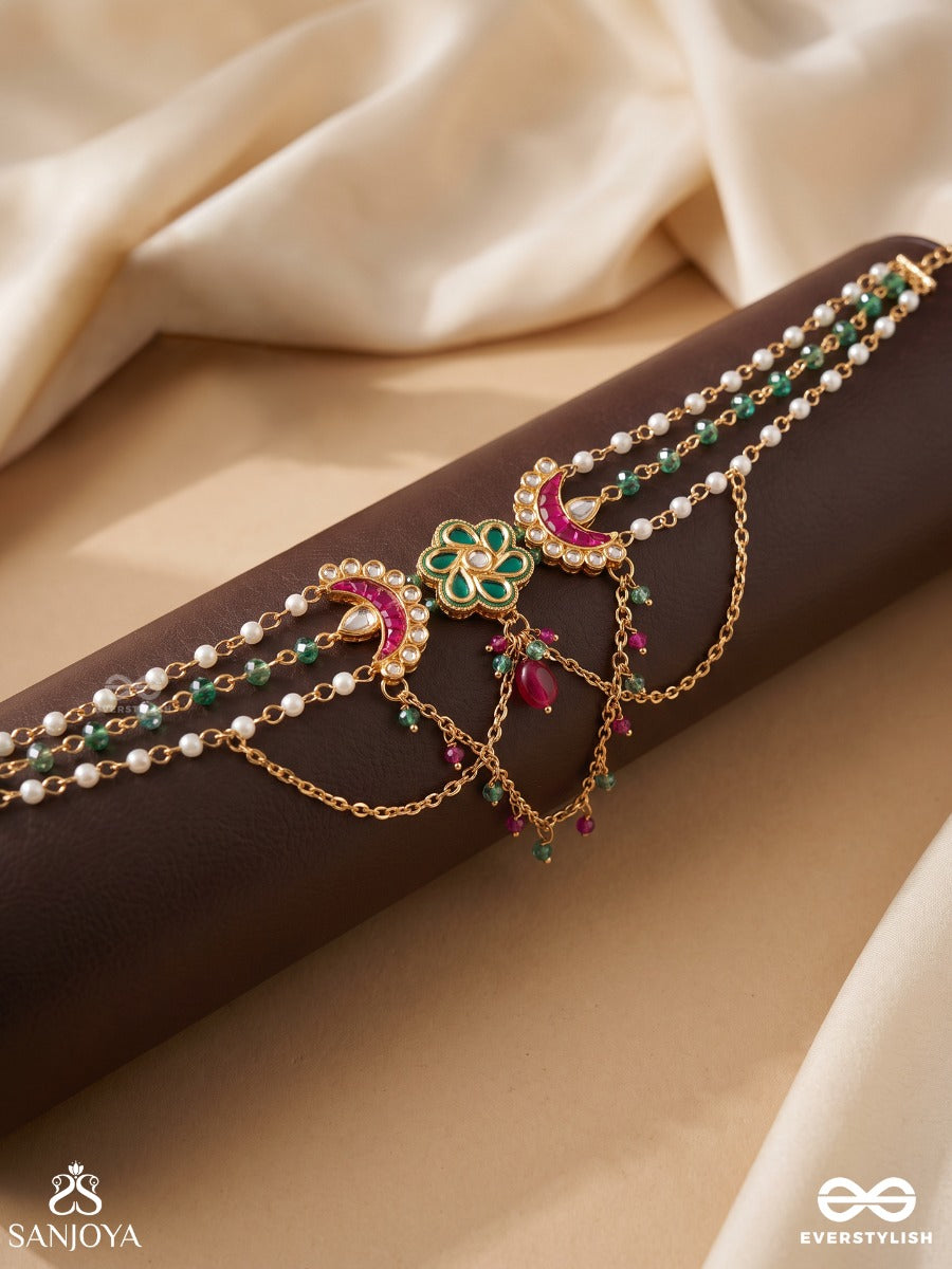 Manimala – Garland Of Gems – Heritage Armlet (Single) With Pearl Strands, Floral Centre Motif, Pink Meenakari Crescents And Emerald Beadwork
