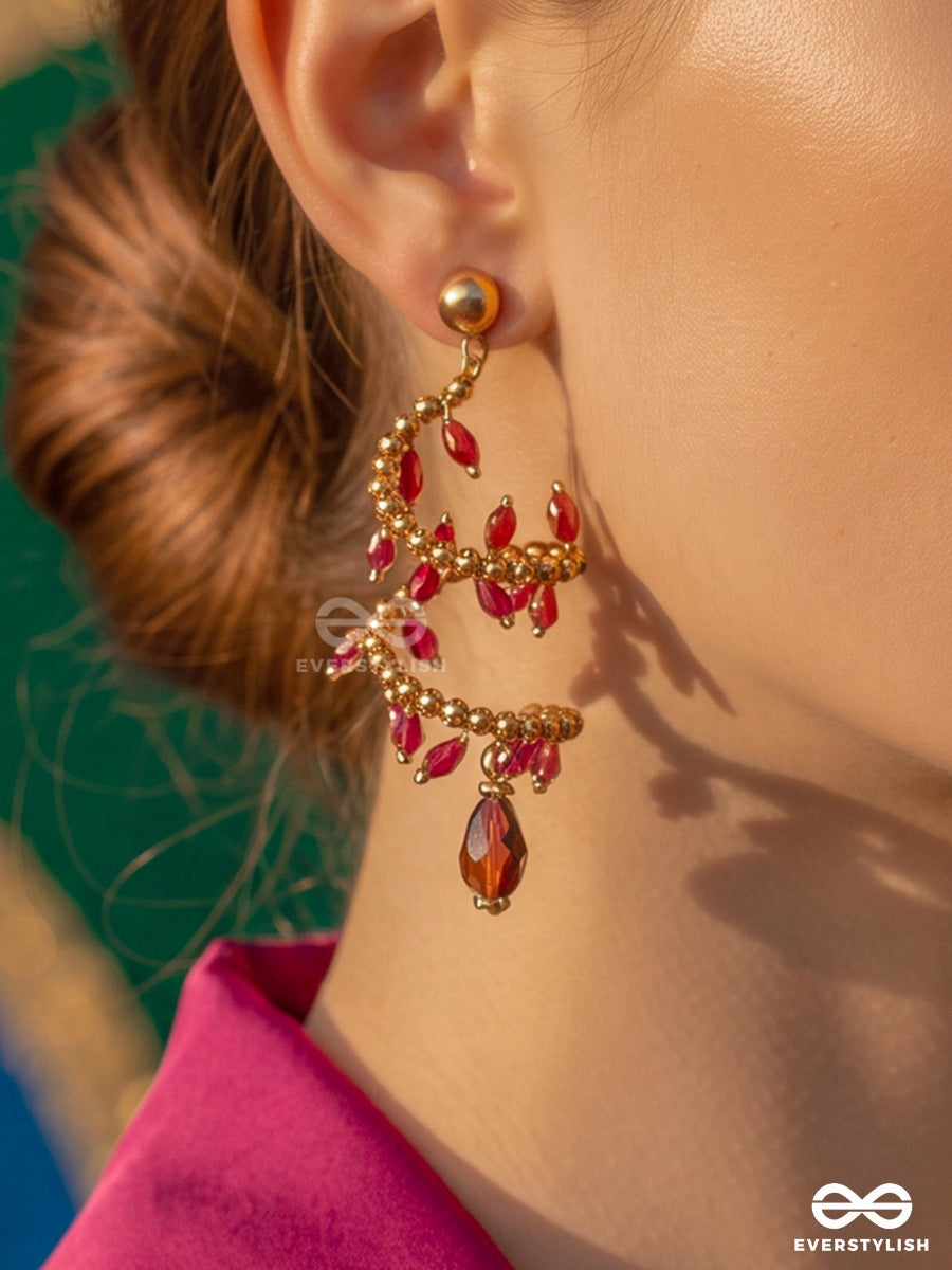 Garnet Whisper – Spiral Earring With Crimson Crystals And Golden Pearl Accents