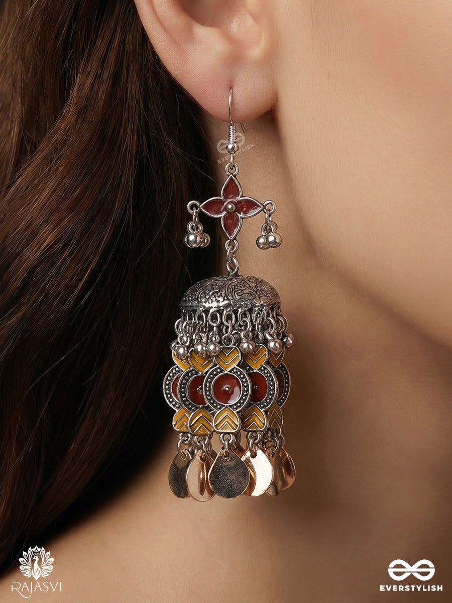 Rangmadhuri – Oxidised Jhumka Earrings With Maroon Enamel, Tribal Panels And Rose Gold Leaf Drops