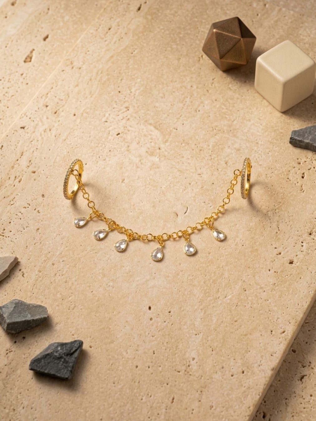 Two In Sync - Gold-Tone Connected Double Finger Ring With Crystal Charms And Delicate Chain Details