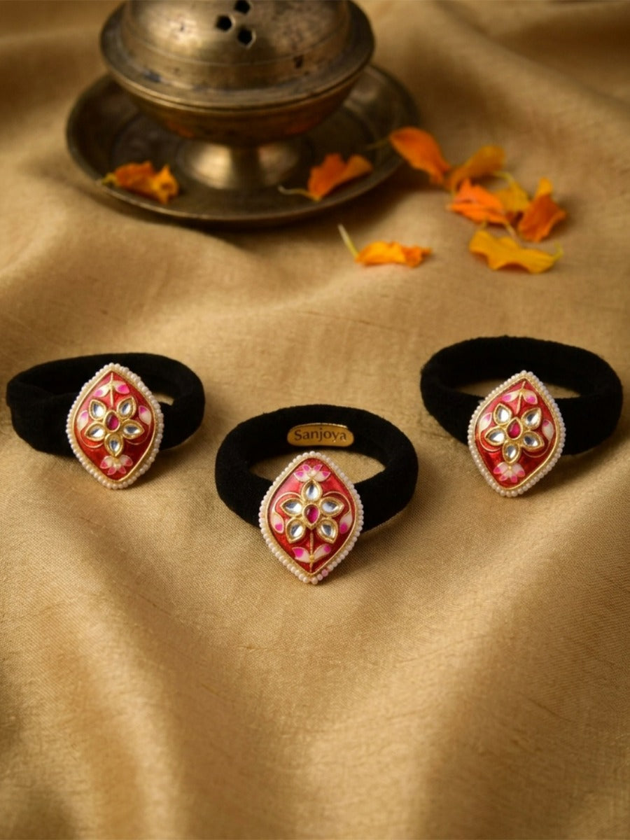 Kesara - Saffron Glow - Pack Of 3 Hair Accessories With Red Meenakari Motifs, Kundan-Style Stones, Pearl Edging And Golden Details