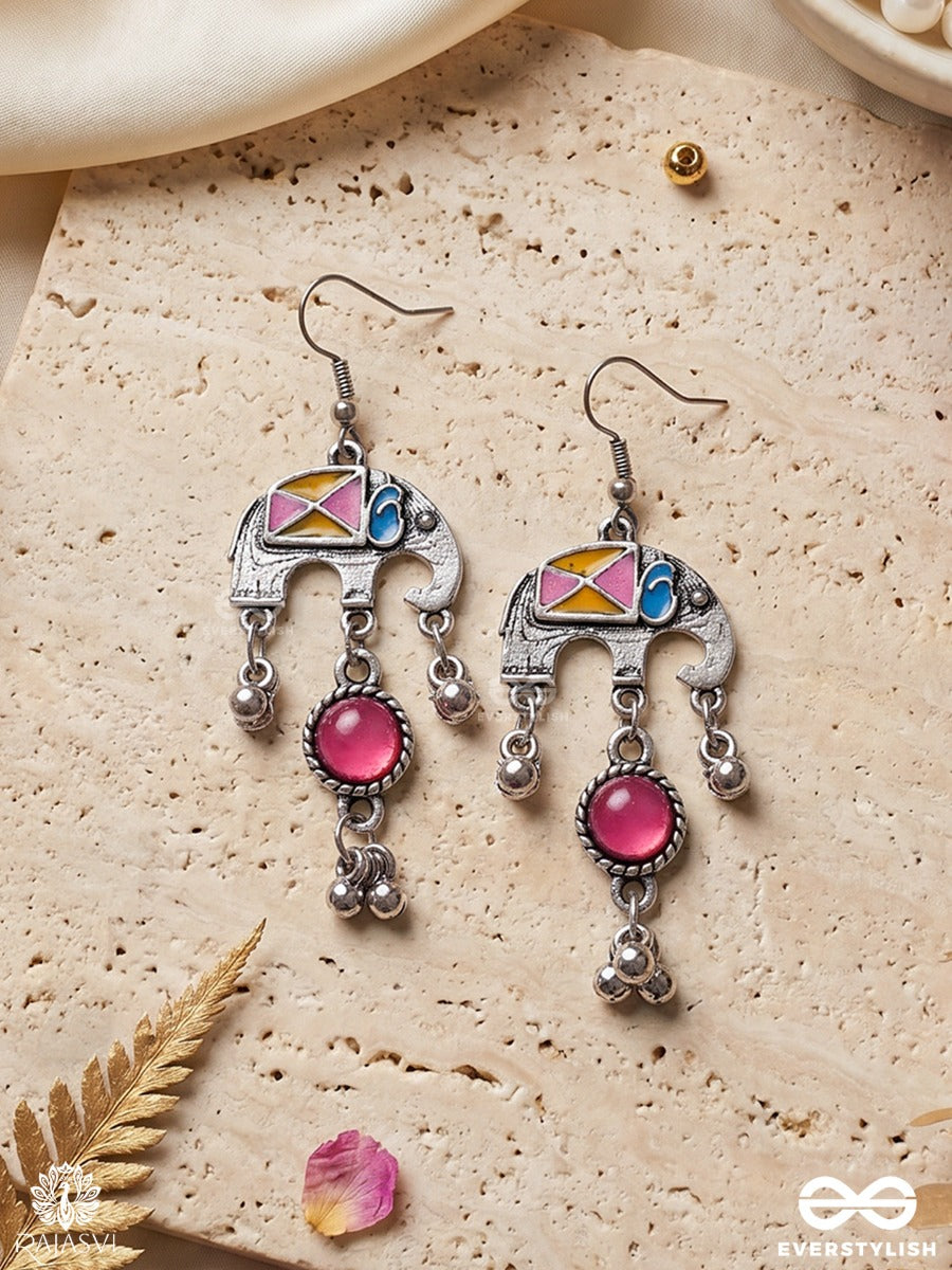 Rangdooti – Oxidised Enamel Earrings With Multicolour Mosaic Motifs, Magenta Stones And Ghungroo Drops