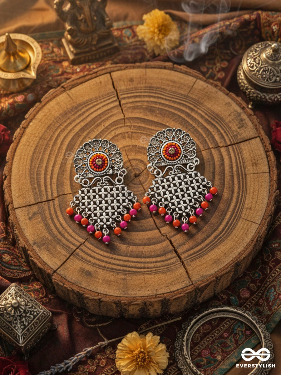 The Criss-Cross Embroidered Sun (Pink) - Embroidered Oxidised Earrings