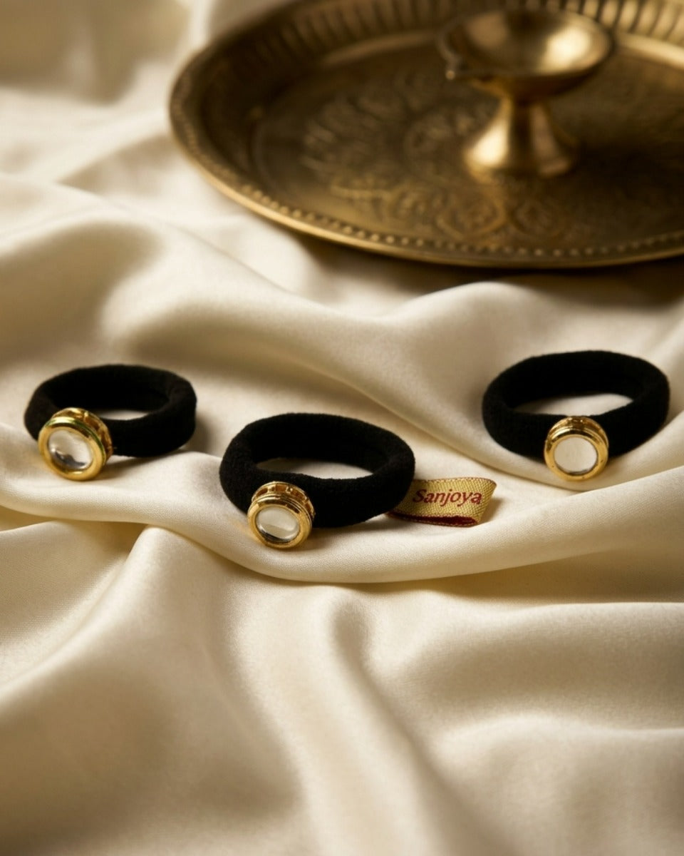 Mishika - Sweet Grace - Pack Of 3 Black Hair Accessories With Round Golden Centrepiece And Clear Crystal Detail