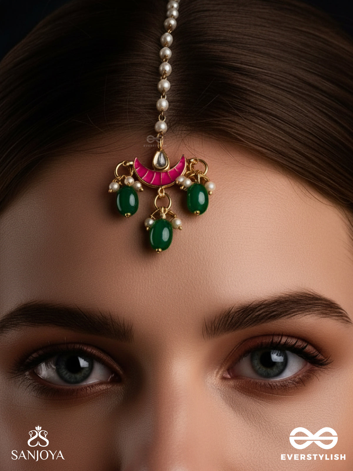 Shashiratna- Jewel Of The Moon- Kundan Maangtika Inspired By The Moon's Radiance With Pearls And Green Drops