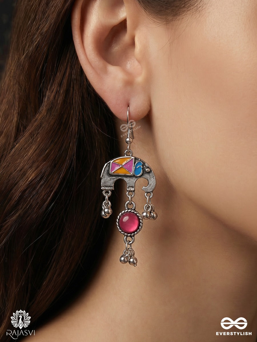 Rangdooti – Oxidised Enamel Earrings With Multicolour Mosaic Motifs, Magenta Stones And Ghungroo Drops