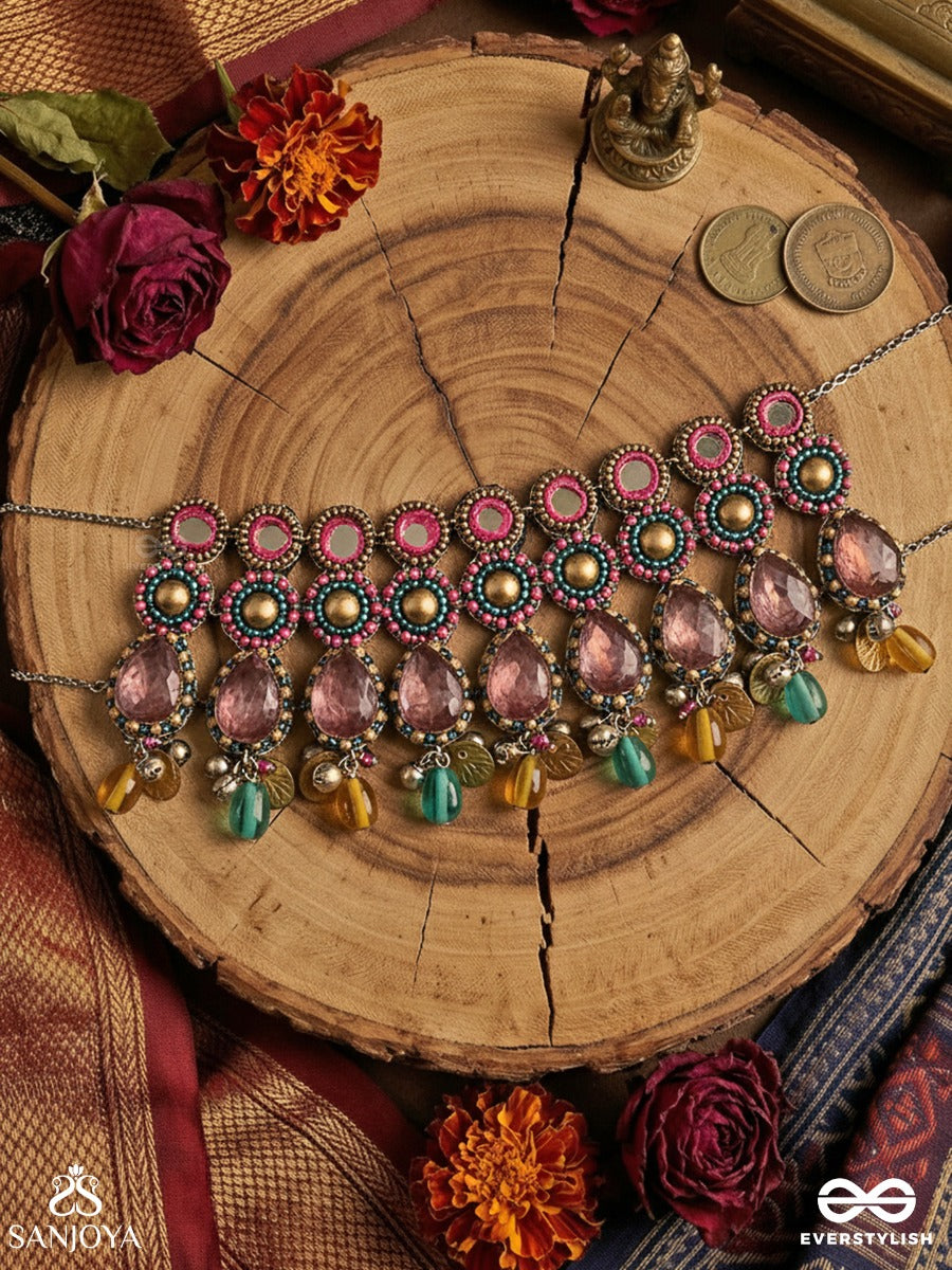 Vashikrit - The Hypnotic Tiers - Mirror, Stones, Coins And Glass Drops Hand Embroidered Oxidised Choker Neckpiece