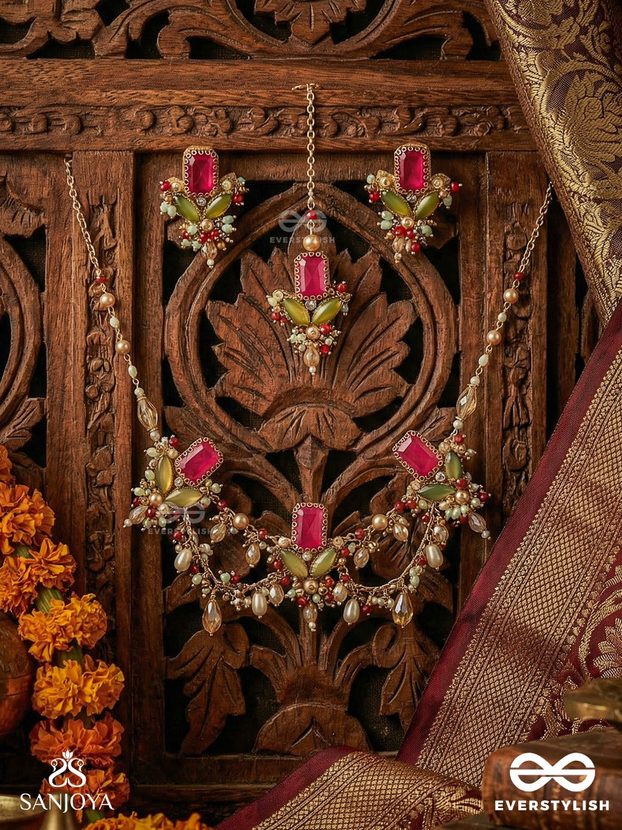 Asita - The Regal Orchid - Stones, Beads And Pearls Hand Embroidered Set With Neckpiece, Earrings & Maangtika