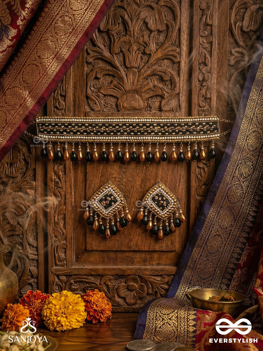Nishakanta - The Beloved Of Night - Beads And Glass Drops Hand Embroidered Set With Choker Neckpiece & Earrings