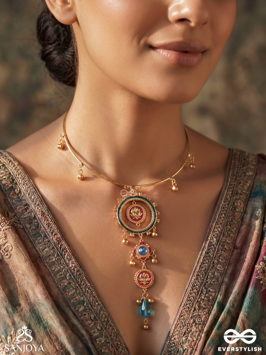 Taraprabha – Starlight Radiance – Heritage Hasli Necklace With Hand-Painted Floral Medallion, Meenakari Details And Turquoise Accents