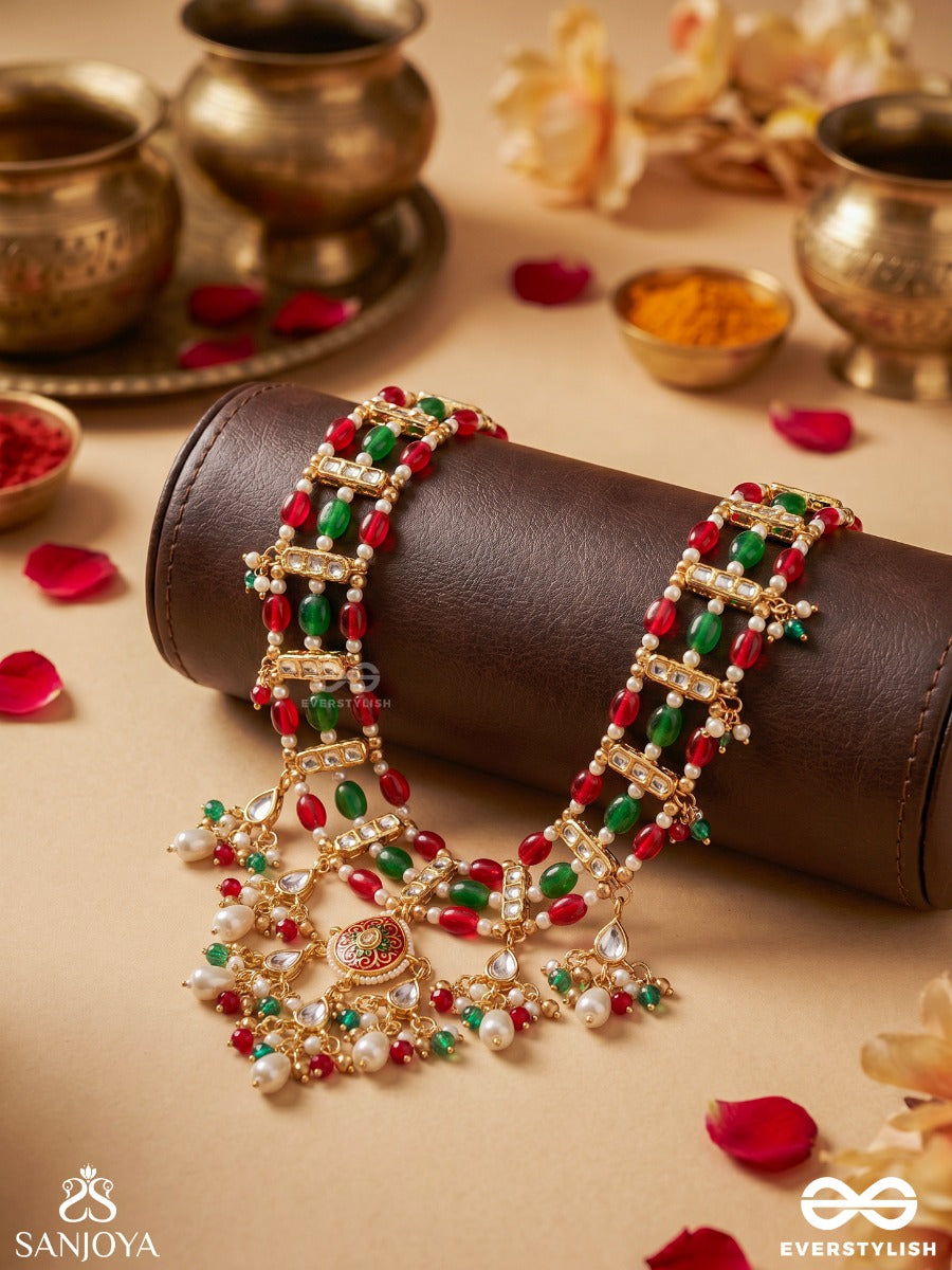Zarmeena – Golden Bloom – Ornate Necklace With Multi-Colour Kundan Panels, Floral Dangling Motifs And Pearl Accents