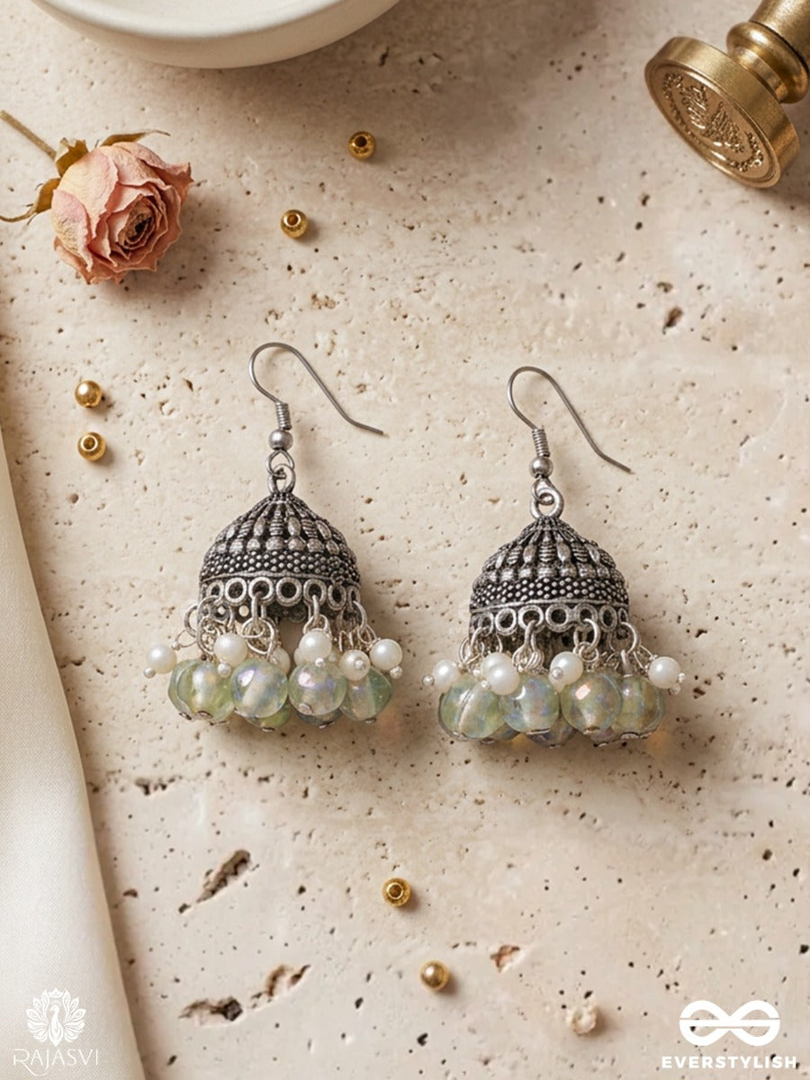 Muktakshi – Oxidised Jhumka Earrings With Pearl Clusters And Sage Green Bead Drops