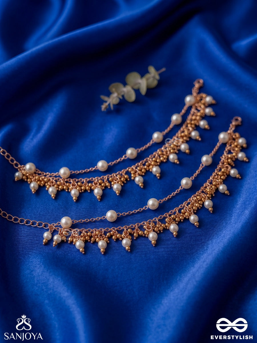 Falgunika – Spring Bloom – Delicate Pajeb (Anklet) Set Of 2 With Pearl Links, Ghungroo Fringes And Golden Chain Details