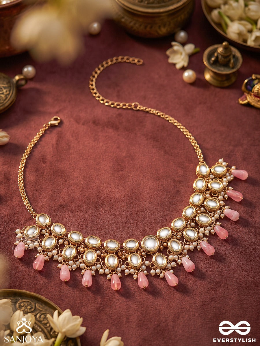 Pinkajyoti – Lotus Radiance – Heritage Necklace With Mirror Kundan Motifs, Pearl Clusters And Blush Pink Teardrop Accents