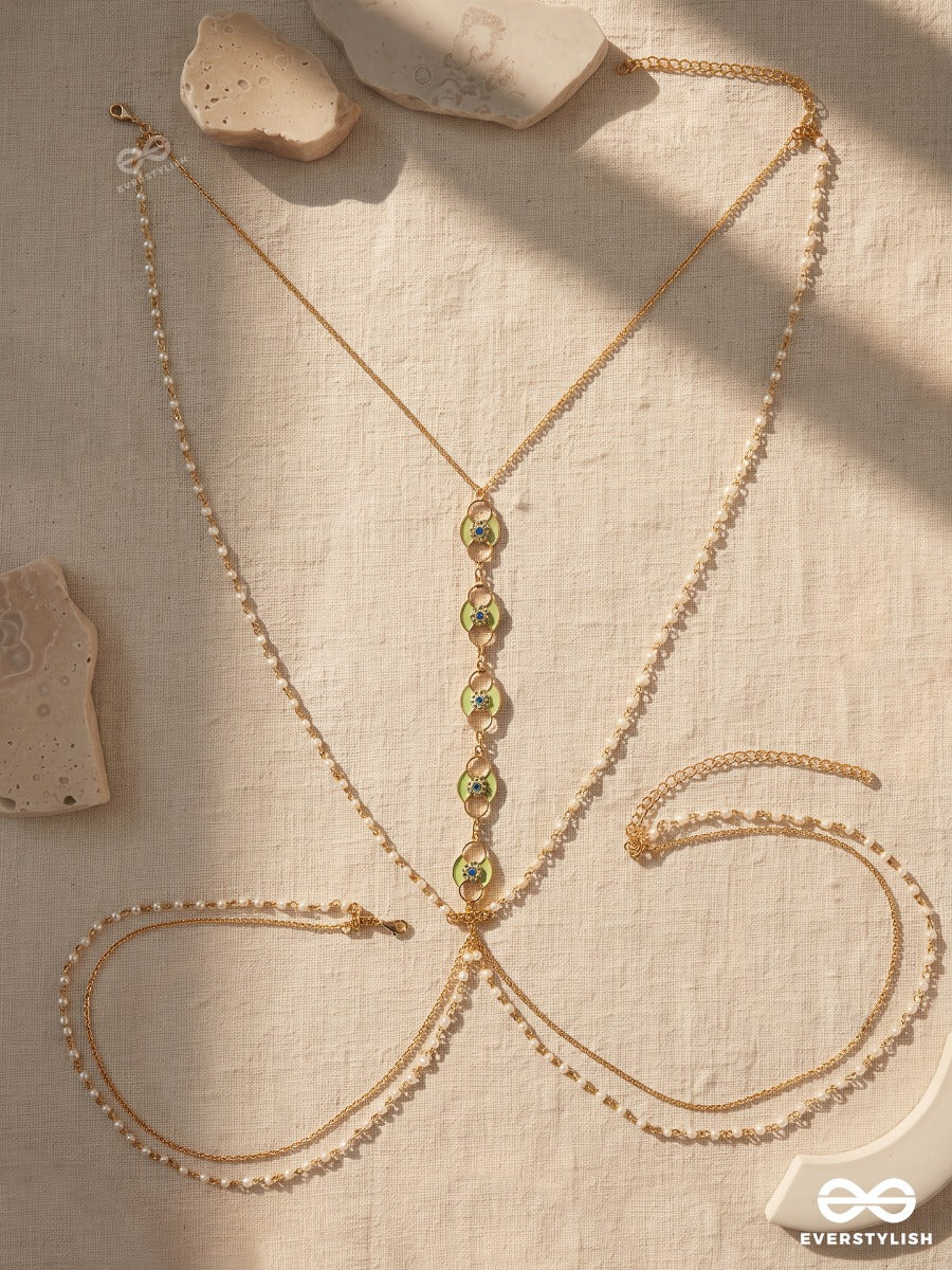 Celadon – Delicate Gold-Tone Body Chain With Crystal And Green Accents