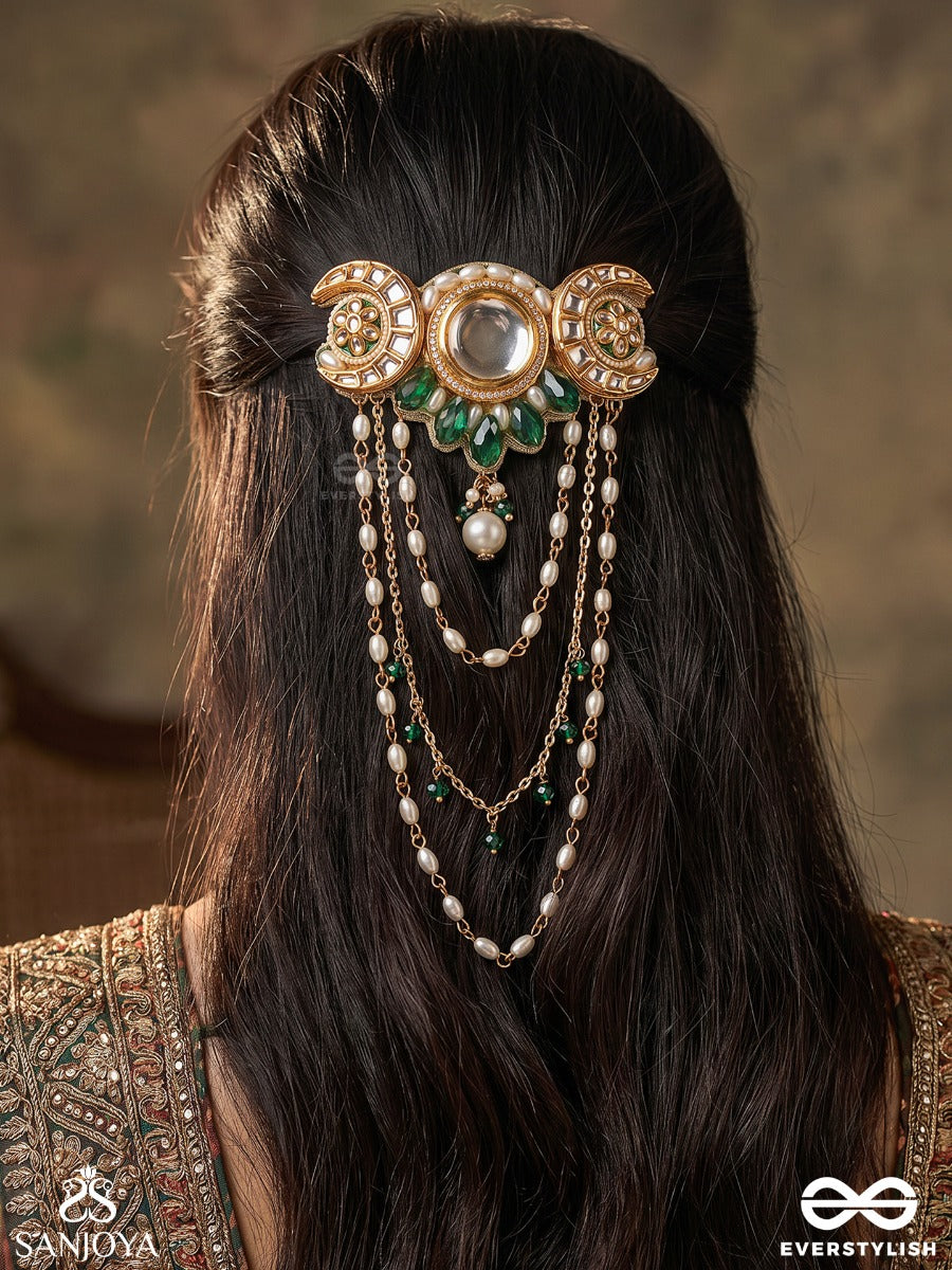 Ardhika – Little Crescent – Heritage Hair Accessory With Crescent Meenakari Motifs, Mirror Kundan Centre, Pearl Chains And Emerald Bead Accents