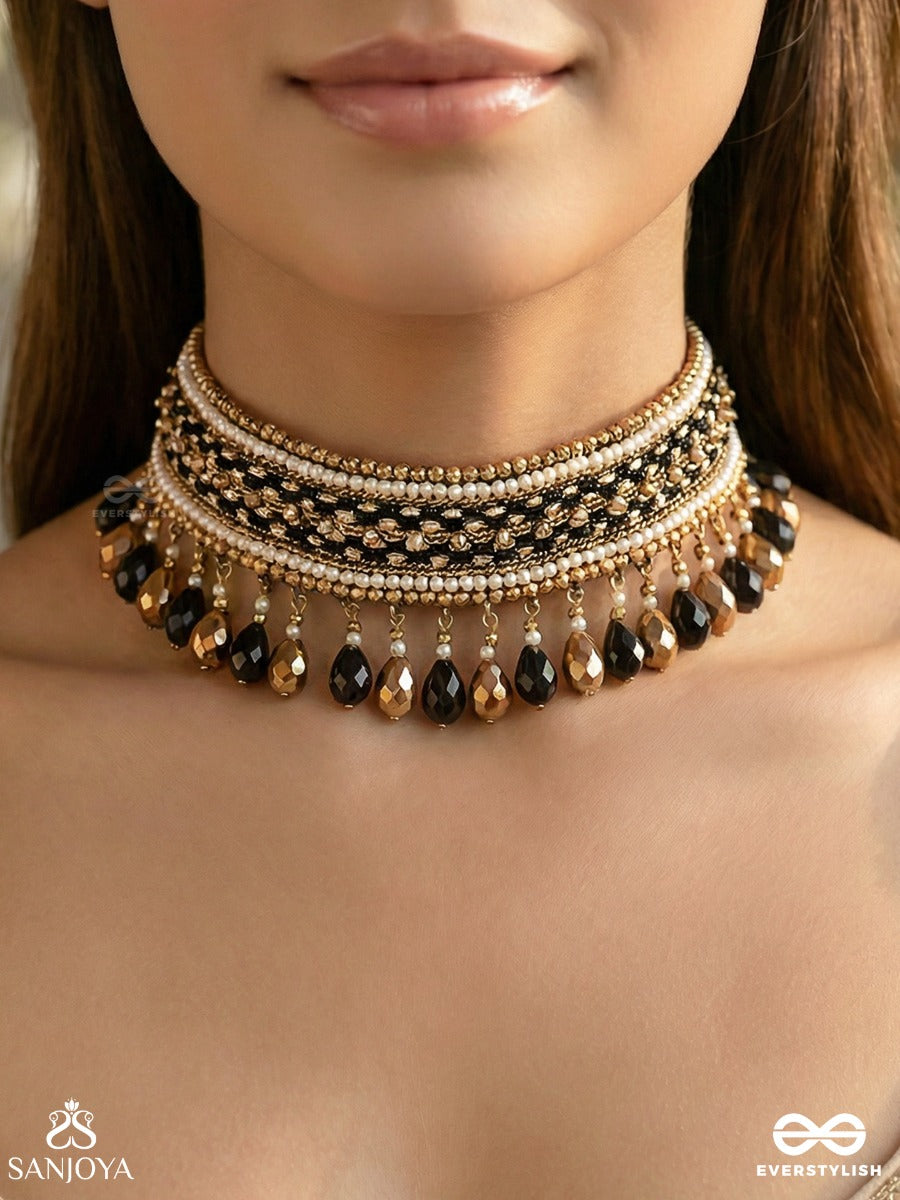 Nishakanta - The Beloved Of Night - Beads And Glass Drops Hand Embroidered Choker Neckpiece
