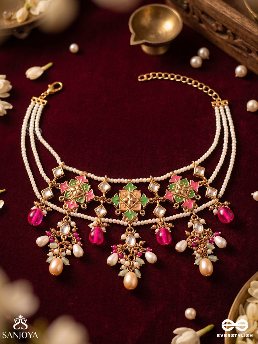Vedhini – Sacred Adornment – Heritage Choker With Delicate Pearl Strands, Vibrant Pink Bead Drops, Green Accents And Golden Motifs