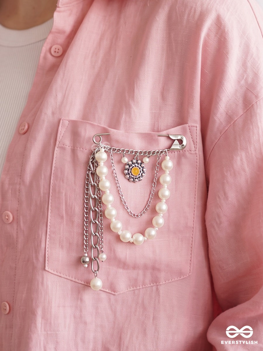 Pearl Embrace – Silver-Tone Brooch Pin With Pearl Strands And Crystal Floral Charm