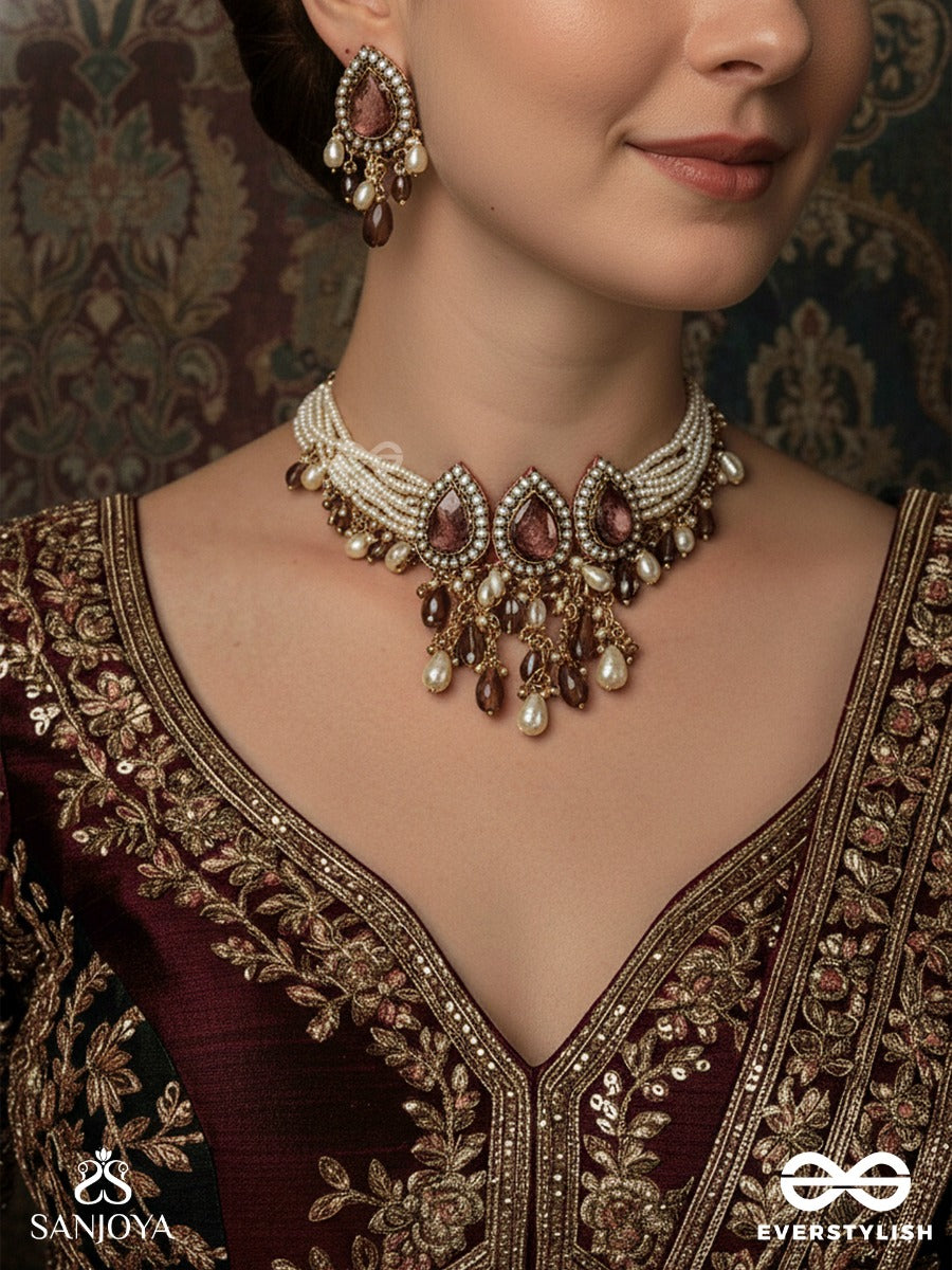 Syamatva - The Sparkling Night - Stone, Beads And Pearls Hand Embroidered Set With Choker Neckpiece & Earrings