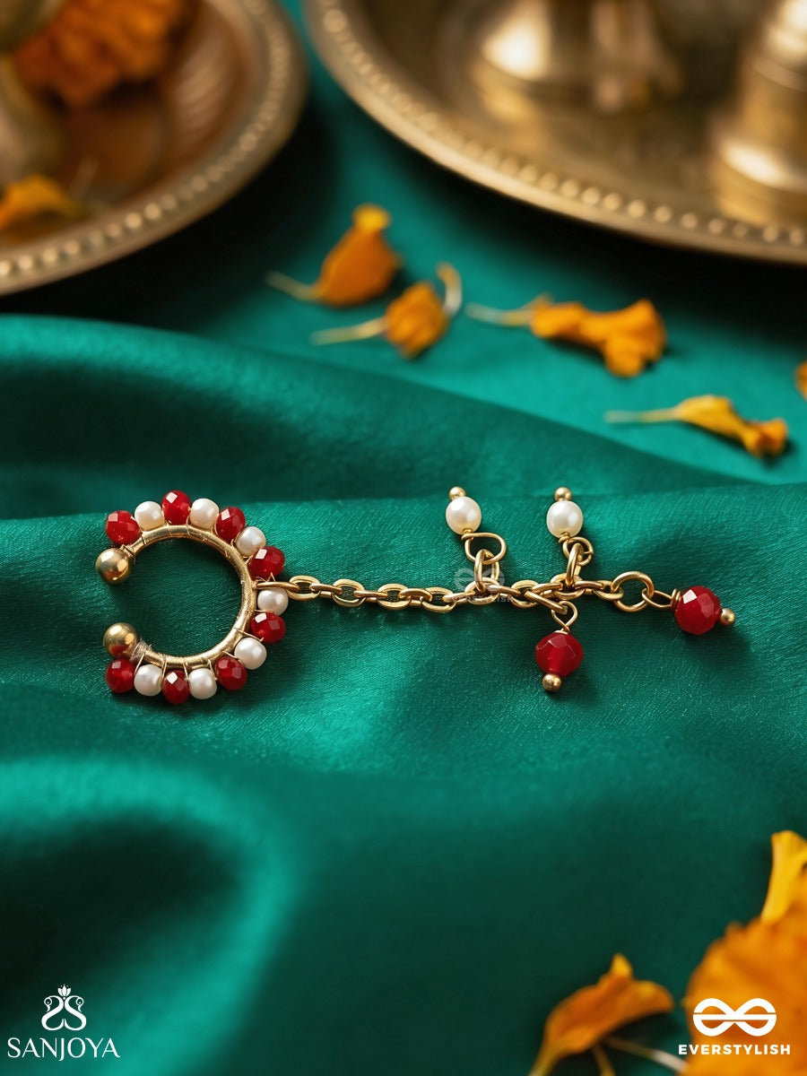 Raktalata – Crimson Creeper – Ornate Single Earcuff With Red Bead-Lined Hoop, Delicate Gold-Tone Chain Link And Dainty Dangling Accents
