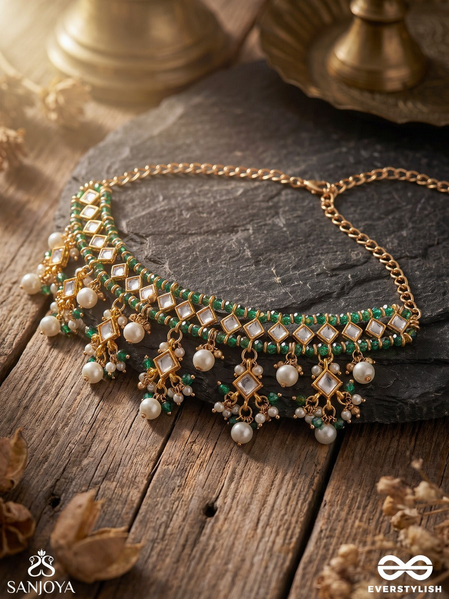 Tarini – Saviour – Heritage Choker With Green Beadwork, Pearl Clusters And Ornate Floral Fringes