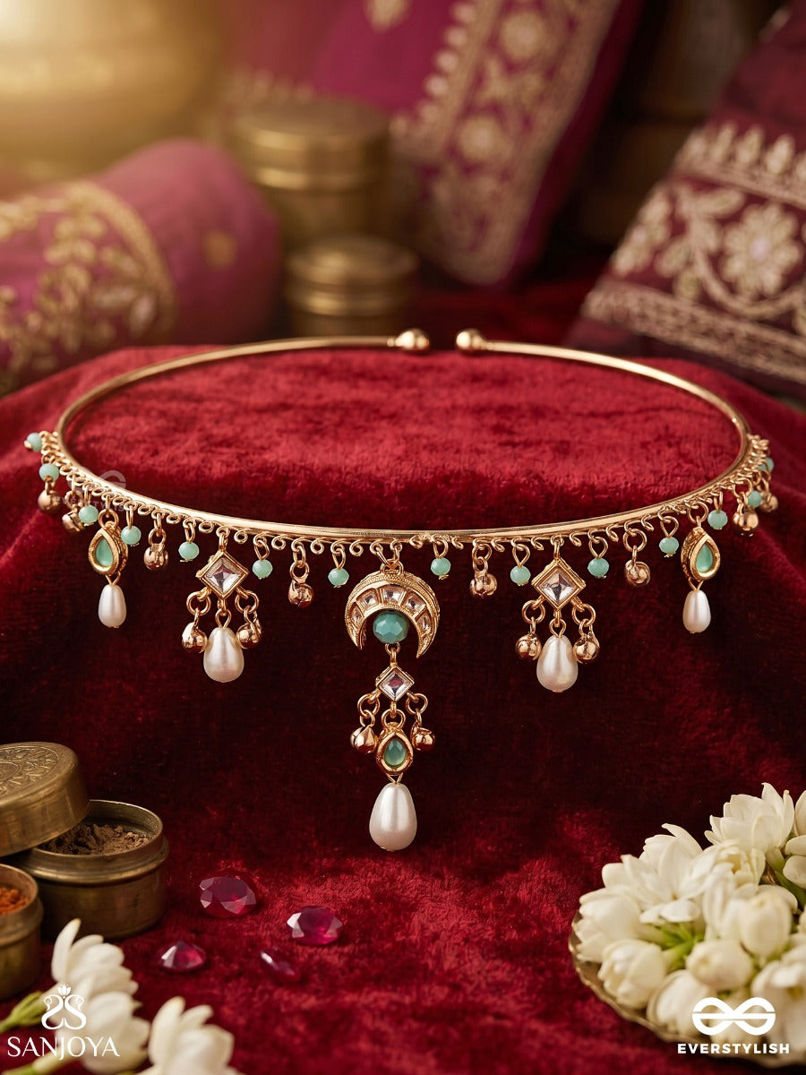 Waridhini – Bearer Of Rain – Heritage Hasli Necklace With Aqua Enamel Motifs, Pearl Drops And Delicate Kundan Charms