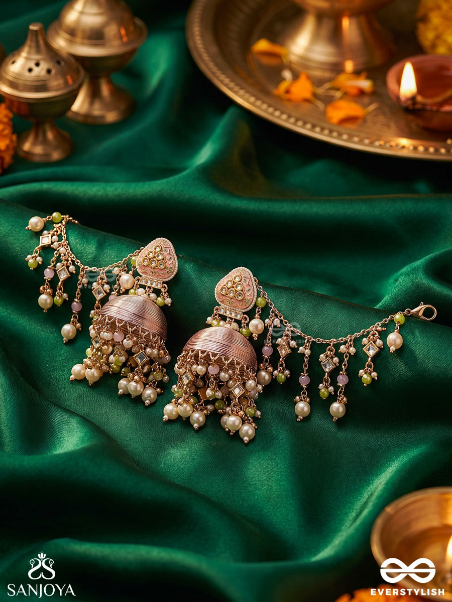 Kaushalya – Royal Grace – Heritage Chain Earrings With Silk-Wrapped Jhumka, Pearl Clusters, Pastel Bead Danglers And Delicate Ear Chain