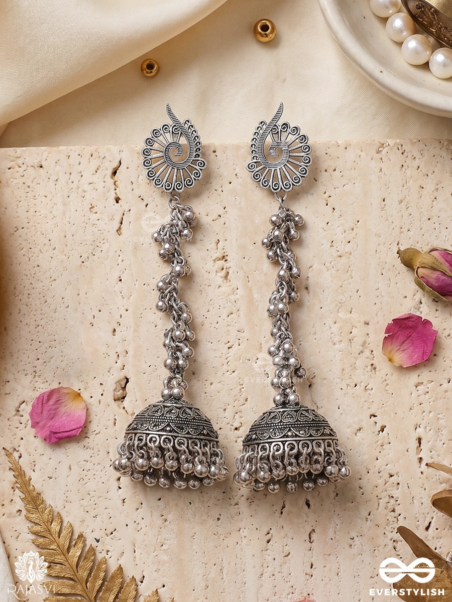 Noopurdhara – Oxidised Jhumka Earrings With Floral Studs, Ghungroo Clusters And Heritage Dome