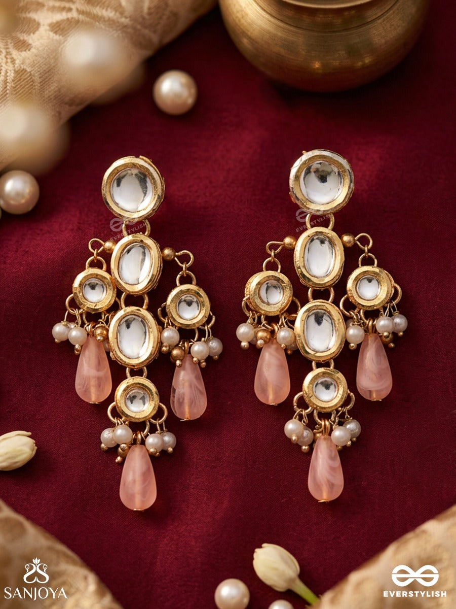 Tavishi – Radiant Grace – Heritage Earrings With Mirror Kundan Motifs, Blush Pink Teardrop Danglers And Pearl Accents