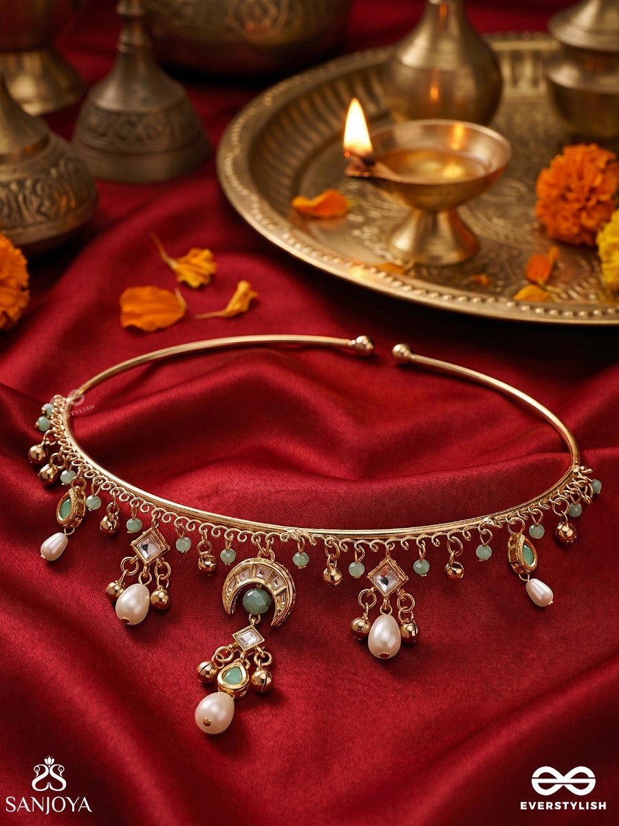 Waridhini – Bearer Of Rain – Heritage Hasli Necklace With Aqua Enamel Motifs, Pearl Drops And Delicate Kundan Charms