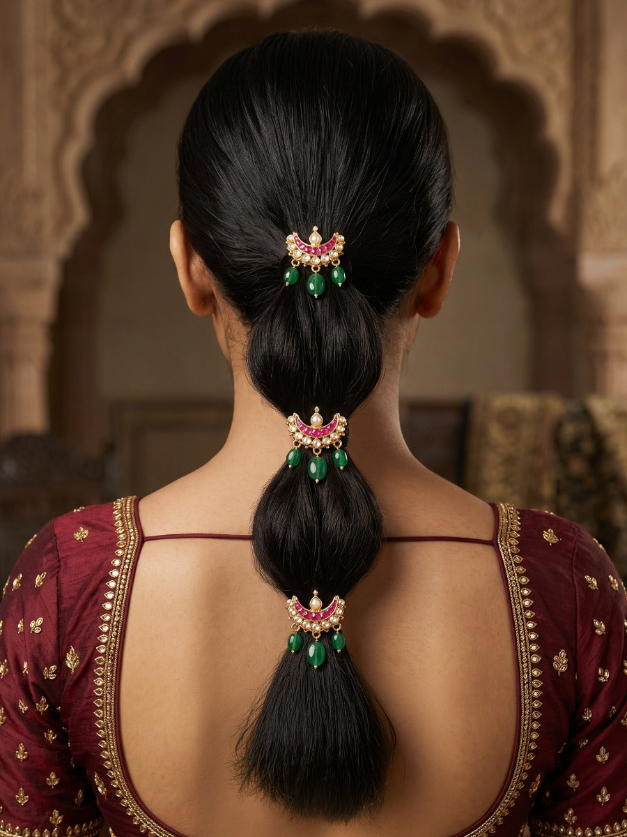 Chaandri - Crescent Charm - Pack Of 3 Hair Accessories With Pink Enamel Crescent Motifs, Kundan-Style Stones, Pearl Details And Green Bead Drops