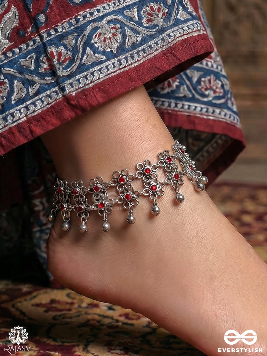 Runjhunika – Oxidised Heritage Pair Of Anklets With Intricate Floral Links And Ghungroo Drops