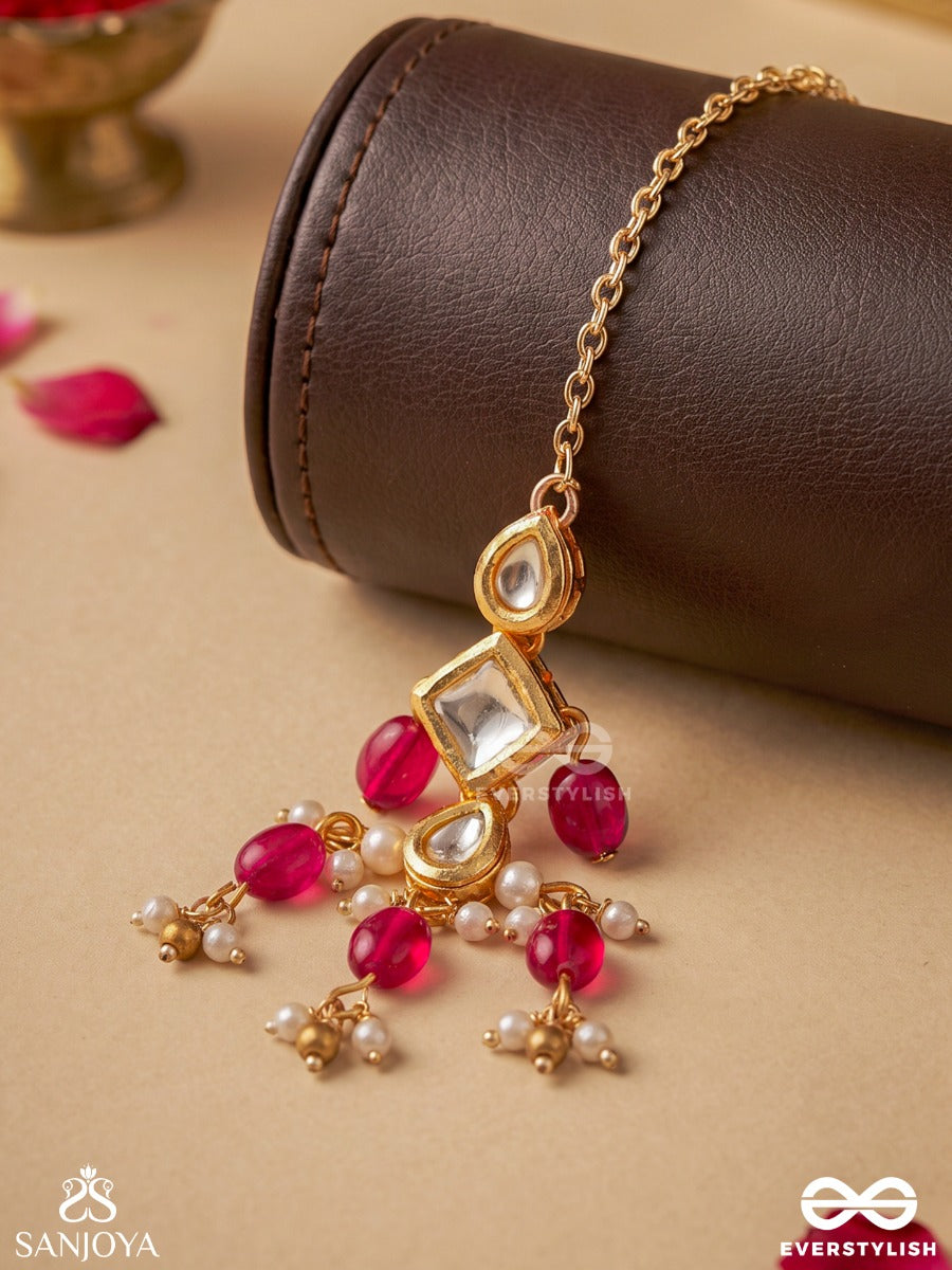 Kritanjali – Offering Of Grace – Heritage Maangtika With Kundan Centre, Ruby Drops, Pearl Clusters And Golden Filigree