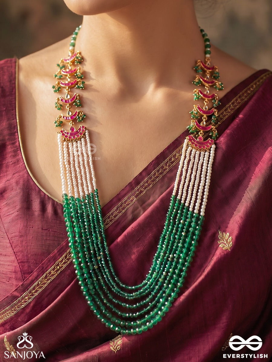 Ruhaanika – Soulful Elegance – Multi-Layer Rani Haar With Emerald Bead Strands, Pearl Layers And Enamel Crescent Motifs