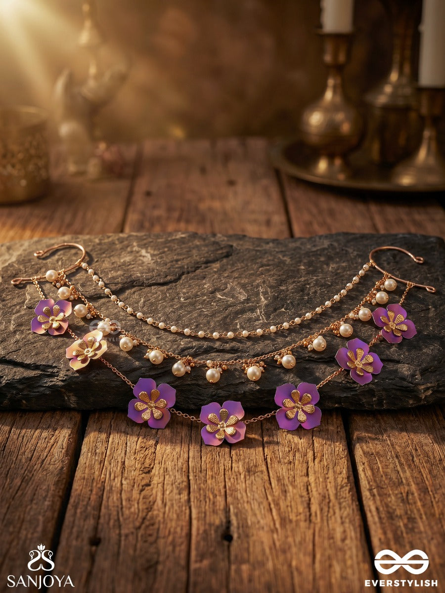 Kusumlehri – Wave Of Blooms – Ornate Chain Earcuff With Violet And Pink Floral Motifs, Double Chain Drapes And Delicate Gold-Tone Detailing