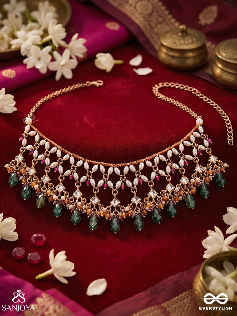 Vrindamala – Garland Of Divine Blooms – Heritage Choker With Mother-Of-Pearl Floral Lattice, Emerald Drops And Pink Gem Accents